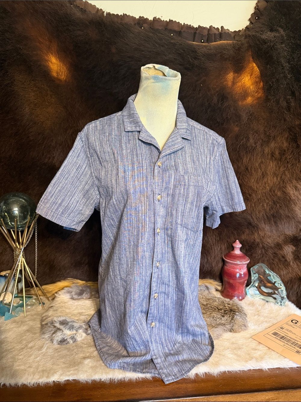 Men's Blue Short-Sleeve Linen-Blend Shirt M (6000A)